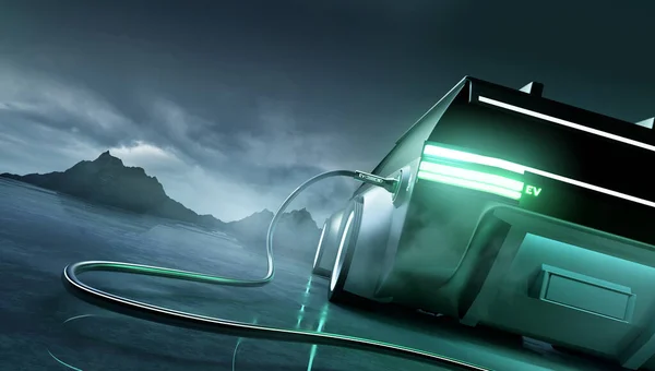 Futurisztikus Kinézetű Elektromos Autó Töltőkábellel Elektronikus Személygépkocsi Valamint Környezetbarát Energia — Stock Fotó