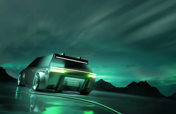 Ένα Φουτουριστικό Πράσινο Ηλεκτρικό Αυτοκίνητο Που Φορτίζει Νύχτα Car Μεταφορές — Φωτογραφία Αρχείου