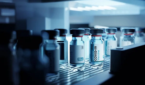 冷蔵庫でのCovid 19ワクチン生産のボトルバイアル 医薬品3Dイラスト — ストック写真