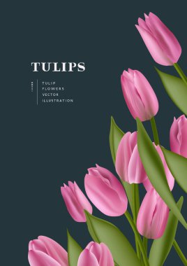 Pembe gerçekçi lale çiçekleri arka plan düzeni. Çağdaş yerleşim vektör illüstrasyonu.