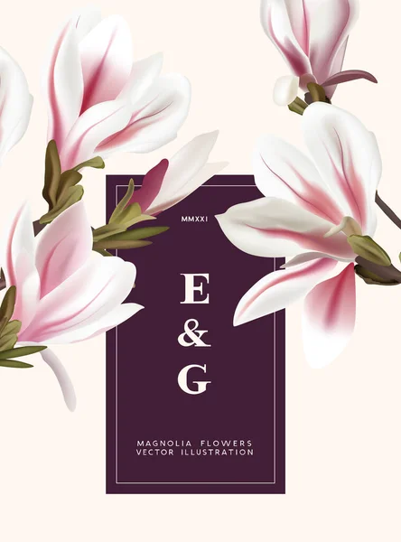 Magnolia Naturale Fiori Realistici Disegni Layout Invito Contemporaneo Evento Marketing — Vettoriale Stock