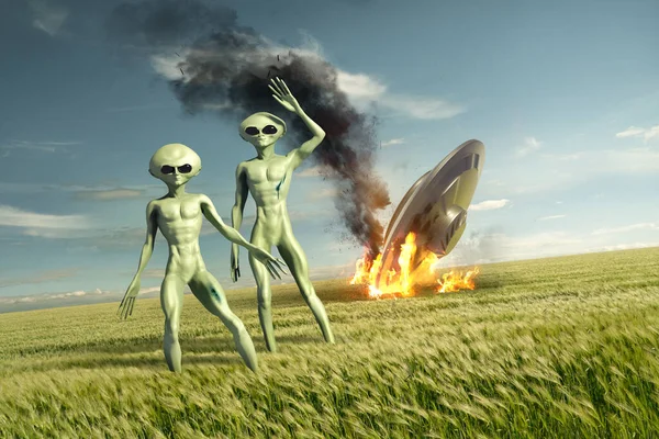 老式飞碟飞碟Ufo坠毁现场与绿色外星人 被分类的地球上的外星生命3D插图 — 图库照片