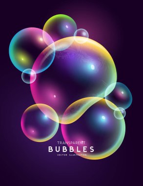 İzole edilmiş sihirli gökkuşağı renkli yüzen şeffaf kabarcıklar. Soyut Vektör illüstrasyonu.