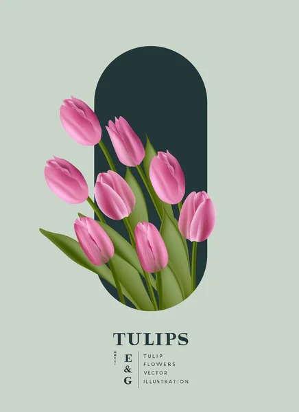 Floral Realistic Tulips Flowers Placement Card Background Contemporary Layout Vector — Stock Vector