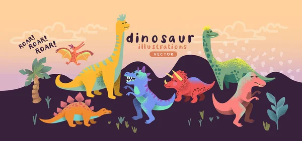 Εικονογραφημένοι Πολύχρωμοι Και Χαρούμενοι Δεινόσαυροι Χαριτωμένοι Χαρακτήρες Εικονογράφηση Διανύσματος — Διανυσματικό Αρχείο