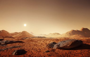 Mars manzarası, dağınık kayalar ve Mars yüzeyindeki uzak dağlar. 3B illüstrasyon.