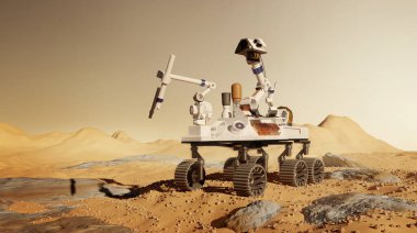 Mars 'a bir robotik gezgin görevi, Mars yüzeyinde bilimsel deneyler yapmak ve keşfetmek. 3B illüstrasyon.