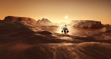 Mars 'ın yüzeyinde yaşam belirtileri arayan bir araç. Bilim ve Keşif 3 boyutlu illüstrasyon.