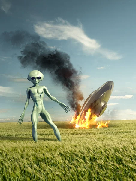 Klassieke Vliegende Schotel Ufo Crash Site Met Een Groene Alien — Stockfoto