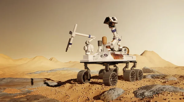 Zrobotyzowana Misja Łazika Marsa Badająca Przeprowadzająca Eksperymenty Naukowe Powierzchni Marsa — Zdjęcie stockowe