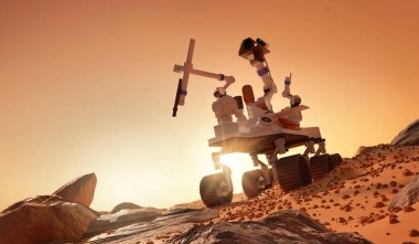 Mars gezegeni hakkında araştırma ve öğrenme. Mars yüzeyini keşfeden bir gezgin. 3B illüstrasyon.