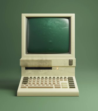 1980 'lerden klasik bir masaüstü bilgisayarı. Hafif sarı bej plastikleri ve monokrom monitörleri var. 3B illüstrasyon.