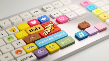 Özel internet argosuna ve sosyal medya tuşlarına sahip bir bilgisayar klavyesi. 3B illüstrasyon