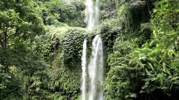 Erstaunlicher Blick auf die Sedang Gile Wasserfälle in Lombok, die von der Hauptstraße, die durch den Dschungel führt, etwa eine halbe Stunde zu Fuß dauerte — Stockvideo