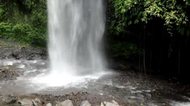 Bir şelalenin alçak manzarası. Nehir manzaralı. Kayalık nehir. Çerçevenin sol alt tarafına boşluk kopyala. orman arkaplanı