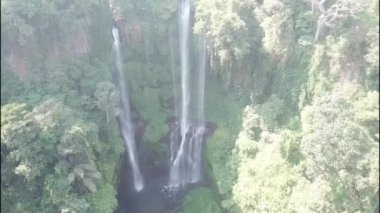 Yeşil yağmur ormanlarında şelale. Dağ ormanında üçlü tropik şelale Sekumpul. Bali, Endonezya. Seyahat konsepti. Hava görüntüleri
