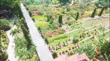 Bali Ujung ünlü Su Sarayı. Kanalları, yeşil ağaçları ve ormanla çevrili palmiyeleri olan bir park. Endonezya 'da ziyaret etmek için popüler bir turistik yer. Dron atışı. hava görünümü