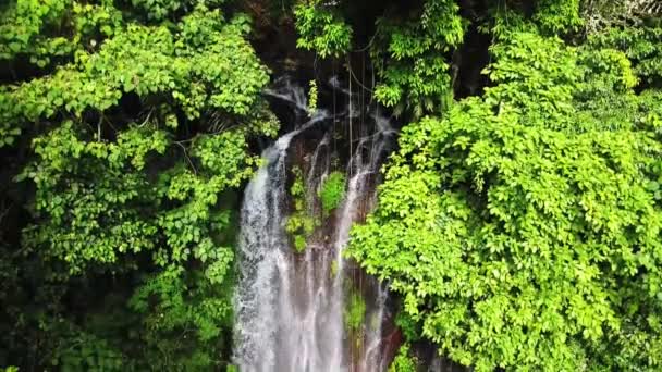 Scena che mostra la parte superiore di una cascata Melanting dove l'acqua scende una serie di gradini rocciosi. Cascata nella giungla tropicale nelle montagne Munduk, Bali, Indonesia. Video 4K — Video Stock