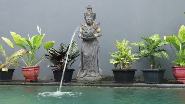 Niezwykła fontanna w letnim ogrodzie. Dziewczyny w wodzie. Starożytny. fontanna w słoneczny dzień. Dekoracyjna fontanna przy basenie. piękna fontanna z posągami i skałami — Wideo stockowe