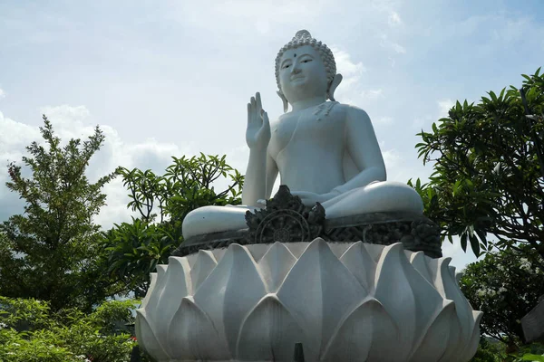 Статус Белого Будды Белом Лотосе Гигантский Образ Будды Бали Драматическим — стоковое фото