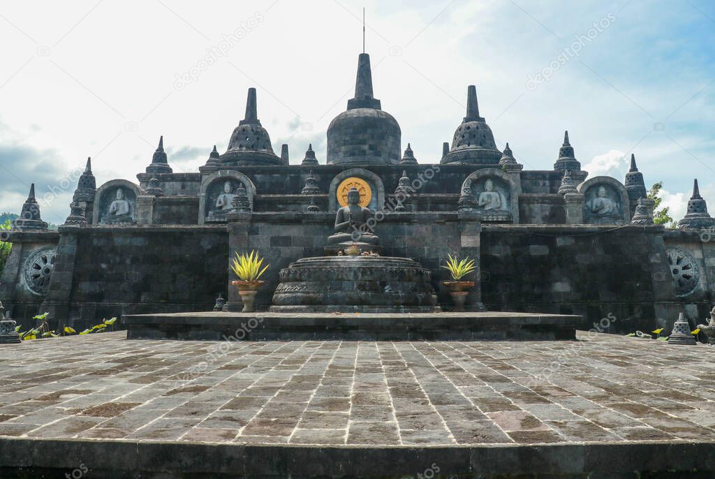 Bali budhist temple Brahma Vihara-Arama Banjar panorama close to Lovina, Indonesia, small version of Borobudur temple on Java.