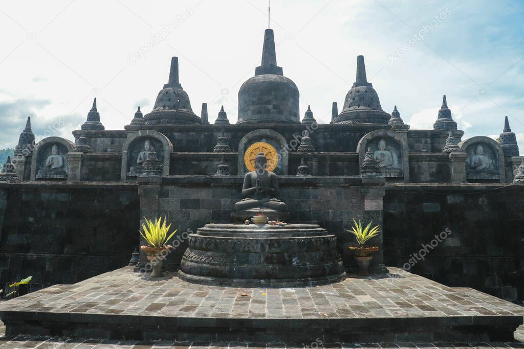 Bali budhist temple Brahma Vihara-Arama Banjar panorama close to Lovina, Indonesia, small version of Borobudur temple on Java.