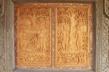 Balili ahşap kapılar ve geleneksel yerel süsler. Yerel gelenekler ve zanaat kavramı