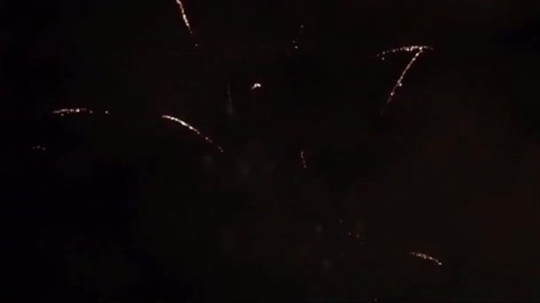 Esplosione di fuochi d'artificio reali 4K su Smoke Foggy black Motion loop Sky on Fireworks Explosion. Festival Show, Matrimonio, Confetti, Buon Compleanno, Natale, Diwali, Natale, Celebrazione — Video Stock