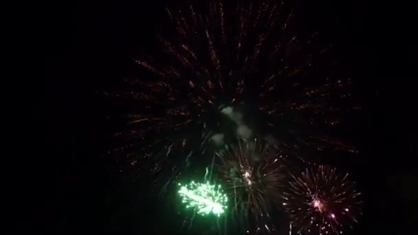 Real fireworks in dark. abstract real golden shining fireworks with bokeh lights in dark night sky. glowing fireworks show. New year fireworks show explosion exploded celebration into colorful — Stock Video