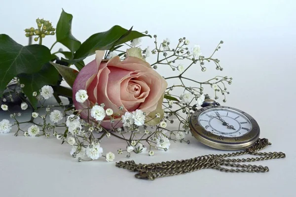 Ρολόι τσέπης αντίκα και κόκκινα μπουμπούκια τριαντάφυλλου και πέταλα. συμβολίζοντας την ώρα της αγάπης — Φωτογραφία Αρχείου