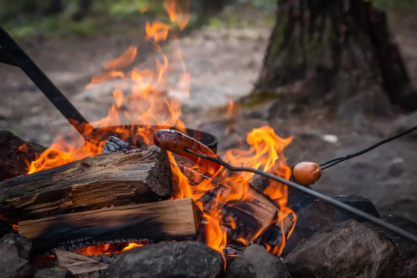 Sausage on a stick over the fire. Grilling food over flames of bonfire on wooden branch. Roasted sausages on a stick over the open campfire. Outdoor food preparation — Stock Photo, Image