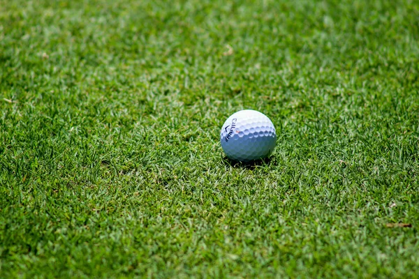 Poel, Mecklenburg - 26. Juli 2018. Golfball auf grünem Tee. Golfsport ist das Gleichgewicht von Yin Yang. Fügen Sie den Text in den Raum rechts ein. Sporthintergrund — Stockfoto