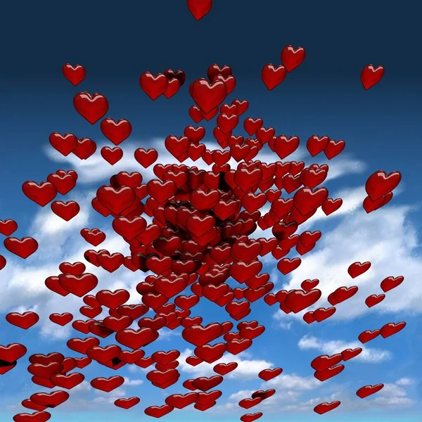 Πολλές κόκκινες καρδιές σε μπλε συννεφιασμένο ουρανό. Όμορφο εορταστικό φόντο, με λαμπερές λεπτομέρειες και καρδιές. Τέλειο για την ημέρα του Αγίου Βαλεντίνου — Φωτογραφία Αρχείου