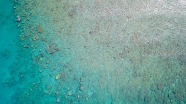 Aerial view of tropical island beach holiday. Blue reef ocean. Aerial view of calm sea water. Top view of a clean ocean water near a coast.
