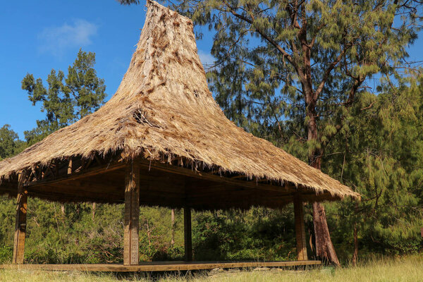 Shelter with a reed roof by the colorful lakes on the volcano Kelimutu. Traditional architecture of Flores island. Rooftop detail Bena traditional village with grass huts. Flores, Indonesia.
