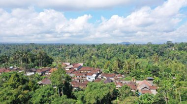 Bali 'de Ubud' da gökyüzünde tropik ağaçlar arasında kahverengi-turuncu kiremitli çatıları olan birçok villa var. Güneş üstlerinde parlıyor. Gökyüzü yatay fotoğrafı