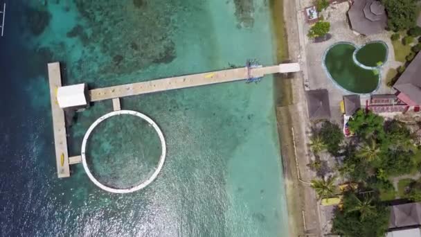 Aerial wooden jetty pier and tourquoise ocean water. Tropical island beach — Stock Video