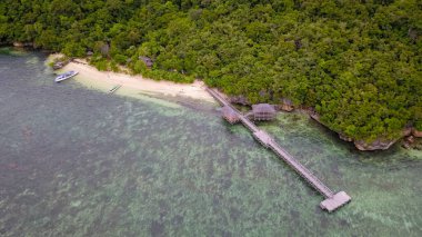 Flores Adası Endonezya 'sında ahşap iskeleli turkuaz suyun egzotik hava manzarası.