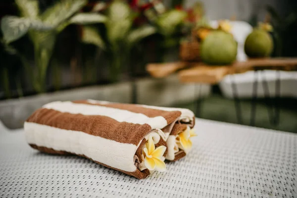 Rolled Two Brown Towels Sun Lounger Chair Royalty Free Stock Photos