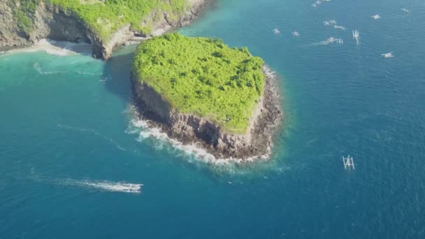 Flygfoto Runt Jukung Båt Kusten Bali Omloppsbana Drönare Skott — Stockvideo