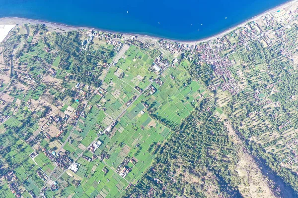 Pirinç tarlaları anteninin tepesinde. Hiç kimse tarım arazilerindeki çayırları yeşillendirmez. İnanılmaz doğa manzarası. Çeltik tarlalarındaki küçük çiftlik evleri. Tegalalang çiftliği, Bali, Endonezya, Asya. İHA atışı.