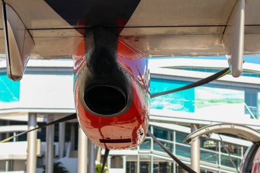 Labuan Bajo Doğu Nusa Tenggara. Nisan 2021. Havaalanı terminalindeki aslan grubunun parçası olarak Wings Air 'in uçak pervanesi..