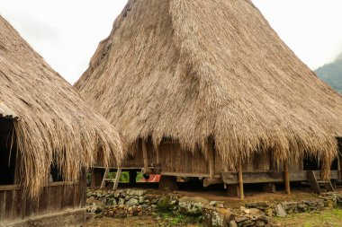 Nisan 2021 'de çekilmiş. Ende East Nusa Tenggara 'daki Wologai köyünde iki geleneksel ev.