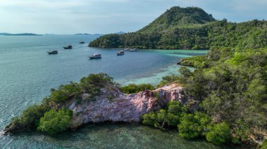 Maceracılar canlı kırmızı kaya oluşumları üzerine poz verirler. Mangrovlar ve açık yüzeyler bu kıyı taşının gizli güzelliğini gözler önüne serer..
