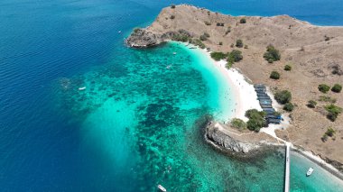 Komodo Adası 'ndaki Pembe Kumsal, gül renkli kumların kristal berrak turkuaz suyla buluştuğu engebeli tepelerin altında yüzücülerle noktalanmış, yumuşak bir şekilde parlıyor..