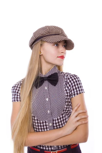 Cattivo bionda ragazza in plaid cap — Foto Stock