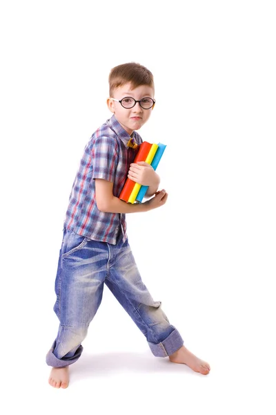 Divertido chico cinco años con libros — Foto de Stock