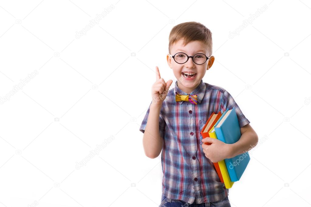 funny boy five years with books on a white background