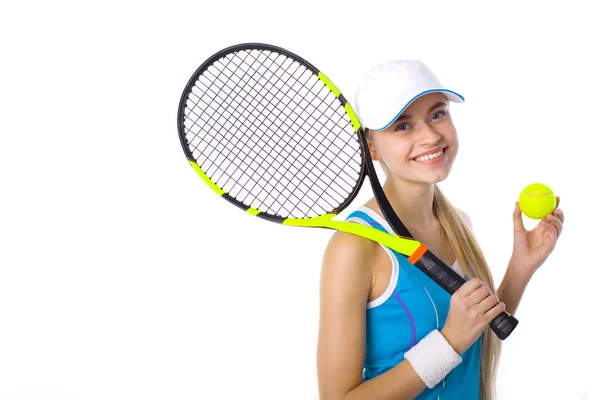 Mooi meisje met tennisracket en bal op witte achtergrond — Stockfoto