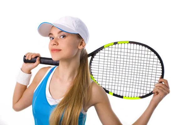 Woman tennis player with racket on white background — Stock Photo, Image